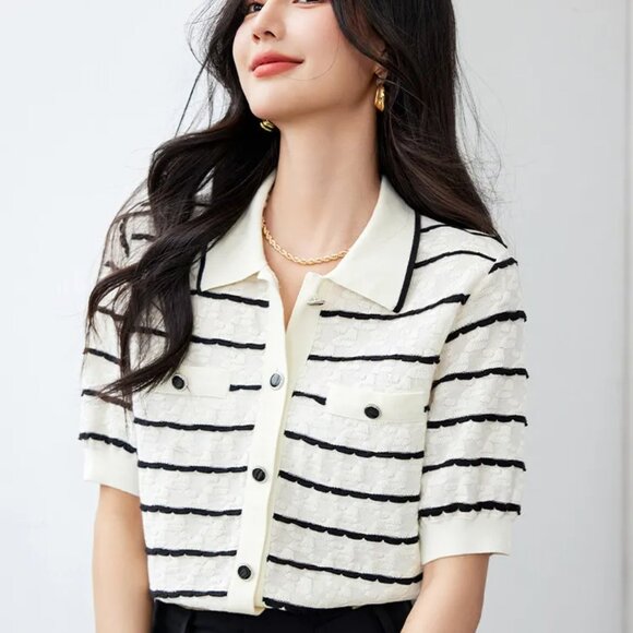 Elegant Polo Collar Women Slimming Knitted Half Sleeve Shirt - Picture 2 of 6